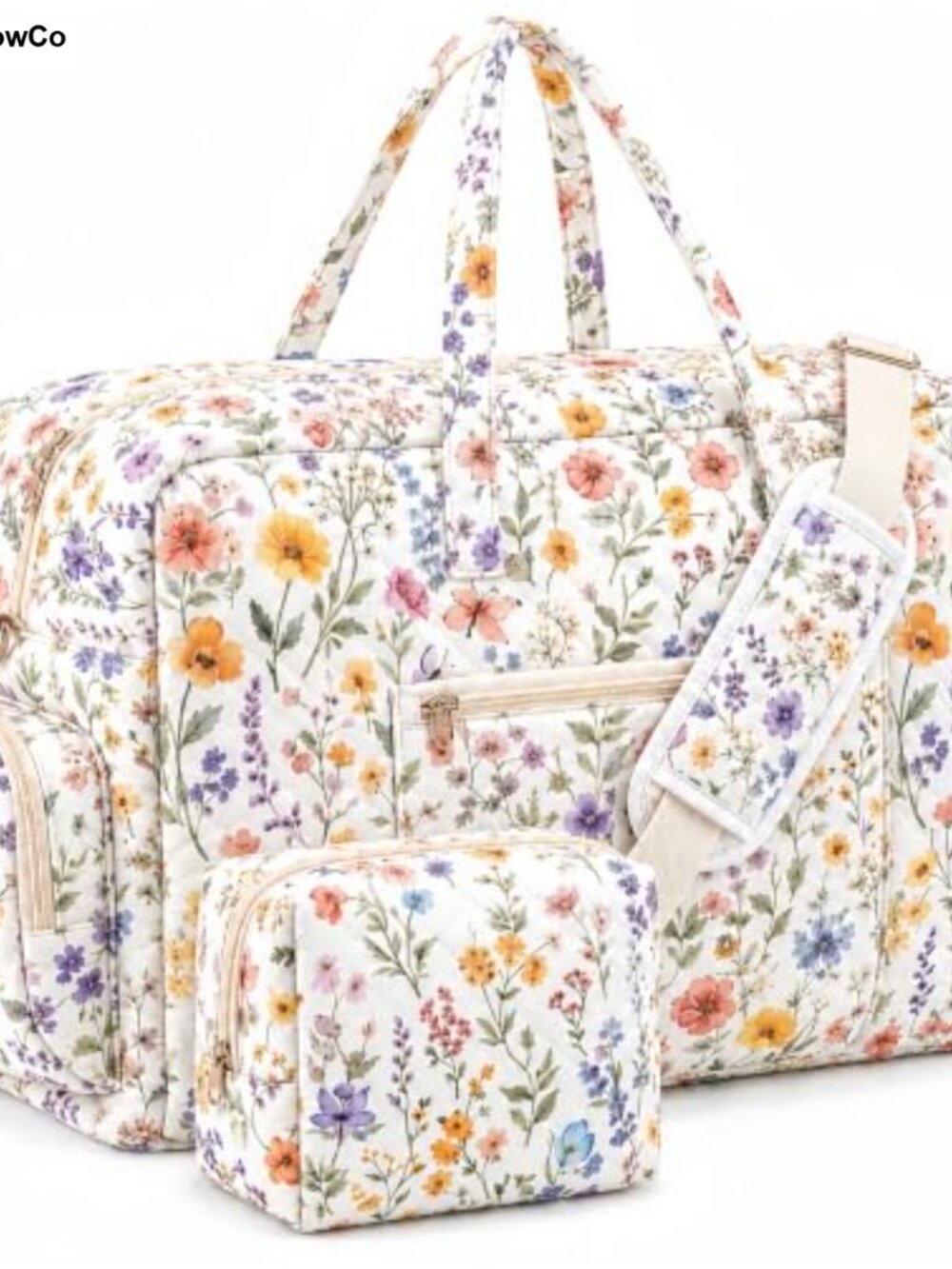 Quilted Cotton Weekender Duffle Bag Set with Makeup Pouch Trolley Sleeve